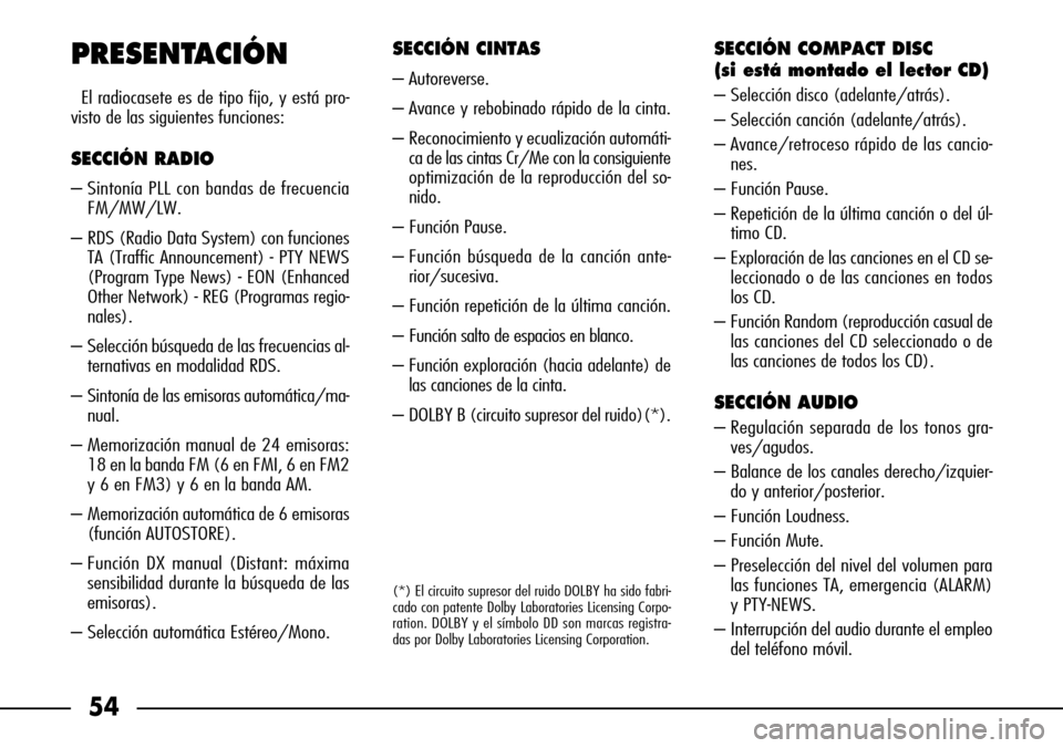 FIAT SEICENTO 2001 1.G Clarion PU1573 Manual 54
PRESENTACIÓN
El radiocasete es de tipo fijo, y está pro-
visto de las siguientes funciones:
SECCIÓN RADIO
– Sintonía PLL con bandas de frecuencia
FM/MW/LW.
– RDS (Radio Data System) con fun