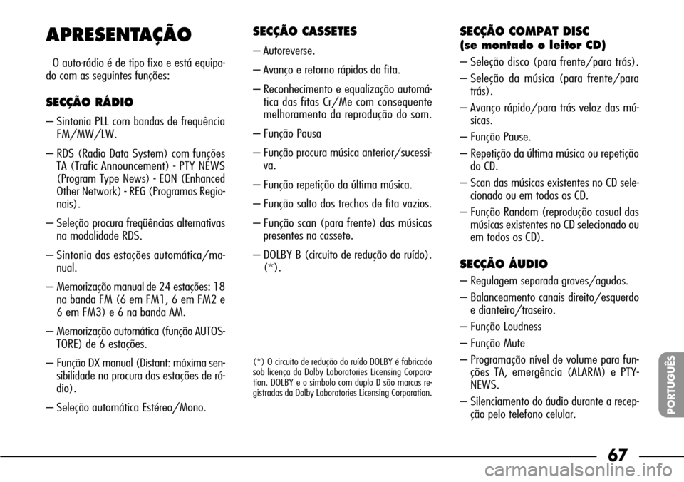 FIAT SEICENTO 2001 1.G Clarion PU1573 Manual 67
PORTUGUÊS
APRESENTAÇÃO
O auto-rádio é de tipo fixo e está equipa-
do com as seguintes funções:
SECÇÃO RÁDIO
– Sintonia PLL com bandas de frequência
FM/MW/LW.
– RDS (Radio Data Syste