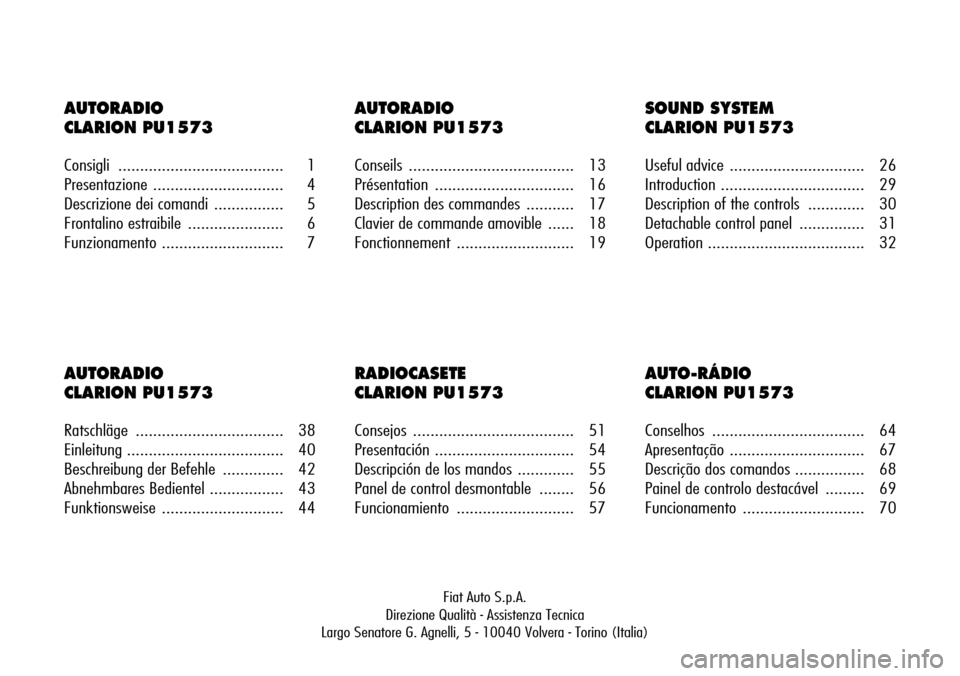 FIAT SEICENTO 2001 1.G Clarion PU1573 Manual AUTORADIO 
CLARION PU1573
Consigli ...................................... 1
Presentazione .............................. 4
Descrizione dei comandi  ................ 5
Frontalino estraibile  ..........