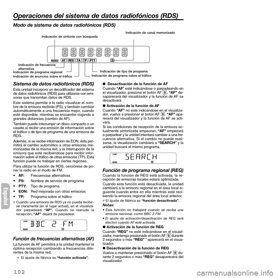 FIAT SEICENTO 2001 1.G Clarion PU2312 Manual Español
Sistema de datos radiofónicos (RDS)
Esta unidad incorpora un decodificador del sistema
de datos radiofónicos (RDS) para utilizarse con emi-
soras que transmitan datos de RDS.
Este sistema p FIAT SEICENTO 2001 1.G Clarion PU2312 Manual Español
Sistema de datos radiofónicos (RDS)
Esta unidad incorpora un decodificador del sistema
de datos radiofónicos (RDS) para utilizarse con emi-
soras que transmitan datos de RDS.
Este sistema p