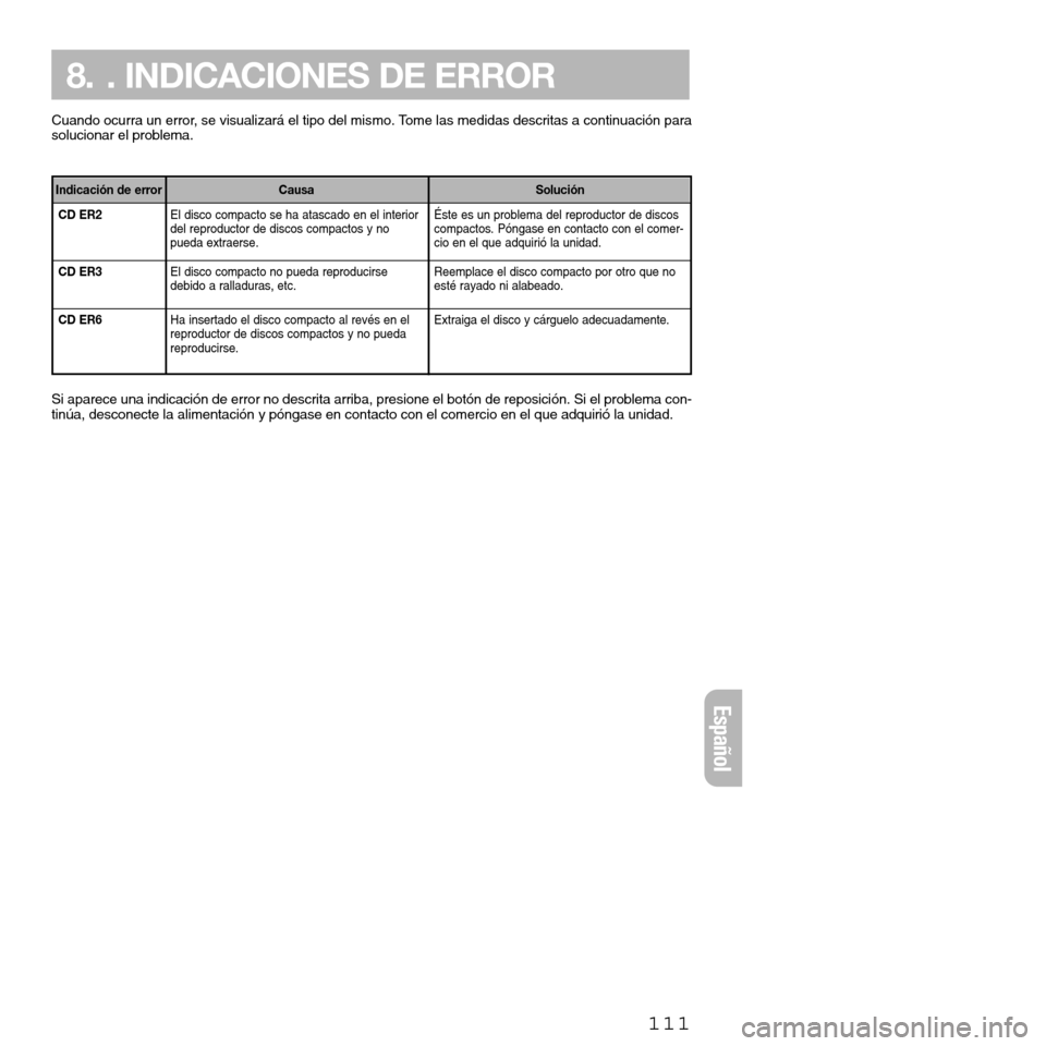 FIAT SEICENTO 2001 1.G Clarion PU2312 Manual CD ER2
CD ER3
CD ER6
Cuando ocurra un error, se visualizará el tipo del mismo. Tome las medidas descritas a continuación para
solucionar el problema.
111
8. . INDICACIONES DE ERROR
Éste es un probl