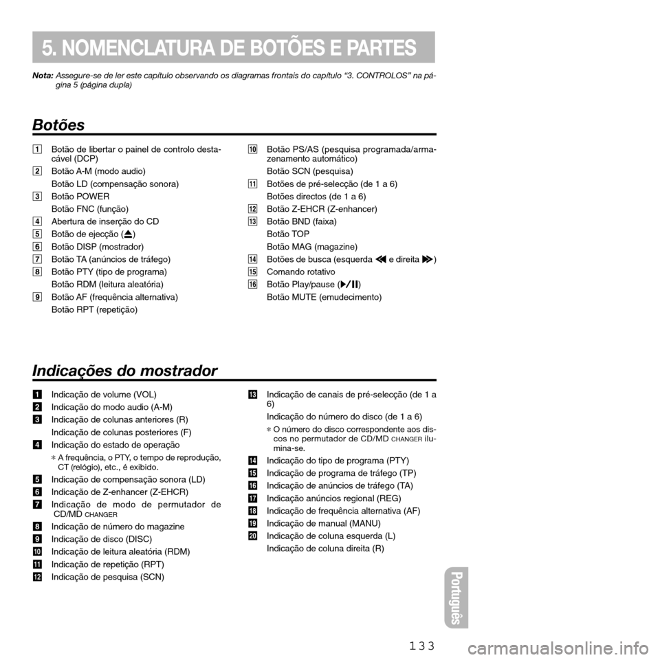 FIAT SEICENTO 2001 1.G Clarion PU2312 Manual Nota:Assegure-se de ler este capítulo observando os diagramas frontais do capítulo “3. CONTROLOS” na pá-
gina 5 (página dupla)
Botões
133
5. NOMENCLATURA DE BOTÕES E PARTES
Português
1Botã FIAT SEICENTO 2001 1.G Clarion PU2312 Manual Nota:Assegure-se de ler este capítulo observando os diagramas frontais do capítulo “3. CONTROLOS” na pá-
gina 5 (página dupla)
Botões
133
5. NOMENCLATURA DE BOTÕES E PARTES
Português
1Botã