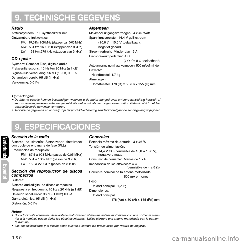 FIAT SEICENTO 2001 1.G Clarion PU2312 Manual Radio
Afstemsysteem: PLL synthesizer tuner
Ontvangbare frekwenties:
FM: 87,5 t/m 108 MHz (stappen van 0,05 MHz)
MW: 531 t/m 1602 kHz (stappen van 9 kHz)
LW: 153 t/m 279 kHz (stappen van 3 kHz)
CD-spel