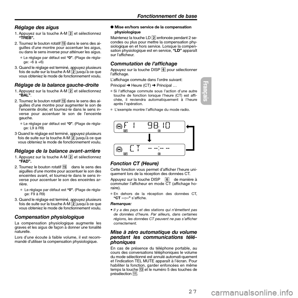 FIAT SEICENTO 2001 1.G Clarion PU2312 Manual Français
27
Réglage des aigus
1. Appuyez sur la touche A-M 2et sélectionnez
“TREB”.
2. Tournez le bouton rotatif %dans le sens des ai-
guilles d’une montre pour accentuer les aigus,
ou dans l