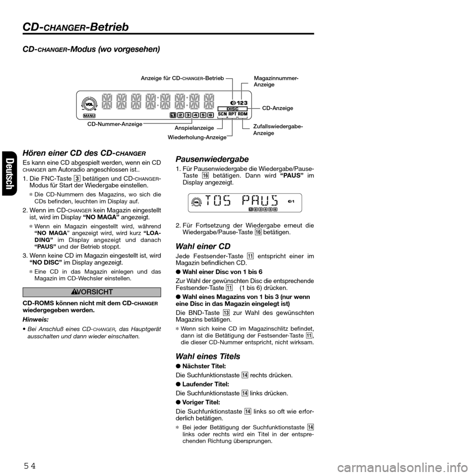 FIAT SEICENTO 2001 1.G Clarion PU2312 Manual CD-CHANGER-Modus (wo vorgesehen)
Hören einer CD des CD-
CHANGER
Es kann eine CD abgespielt werden, wenn ein CDCHANGERam Autoradio angeschlossen ist..
1. Die FNC-Taste 3betätigen und CD-
CHANGER-
Mod FIAT SEICENTO 2001 1.G Clarion PU2312 Manual CD-CHANGER-Modus (wo vorgesehen)
Hören einer CD des CD-
CHANGER
Es kann eine CD abgespielt werden, wenn ein CDCHANGERam Autoradio angeschlossen ist..
1. Die FNC-Taste 3betätigen und CD-
CHANGER-
Mod