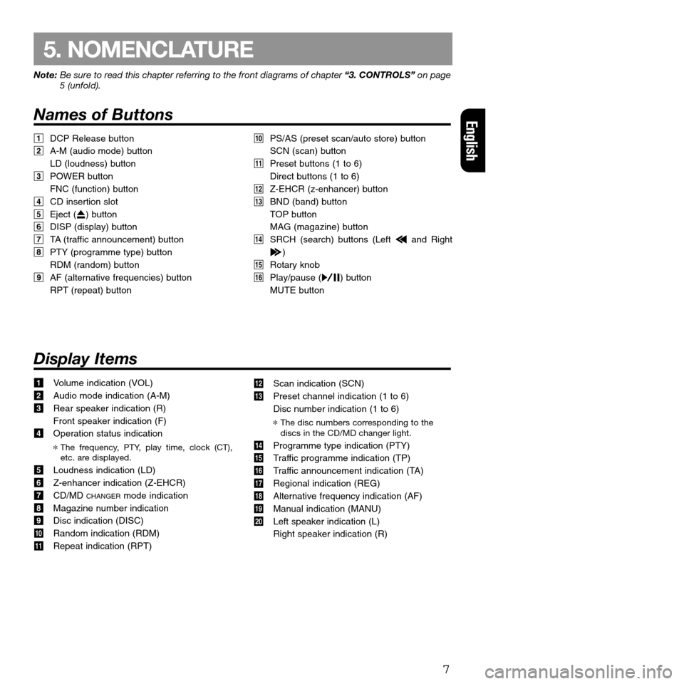 FIAT SEICENTO 2001 1.G Clarion PU2312 Manual 7
English
5. NOMENCLATURE
Note: Be sure to read this chapter referring to the front diagrams of chapter “3. CONTROLS” on page
5 (unfold).
Names of Buttons
1DCP Release button
2A-M (audio mode) but