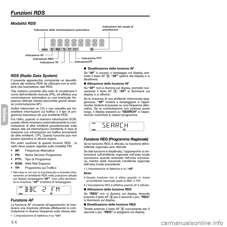 FIAT SEICENTO 2001 1.G Clarion PU2312 Manual Modalità RDS
RDS (Radio Data System)
Il presente apparecchio comprende un decodifi-
catore del sistema RDS da utilizzare con le emit-
tenti che trasmettono dati RDS.
Tale sistema consente alla radio FIAT SEICENTO 2001 1.G Clarion PU2312 Manual Modalità RDS
RDS (Radio Data System)
Il presente apparecchio comprende un decodifi-
catore del sistema RDS da utilizzare con le emit-
tenti che trasmettono dati RDS.
Tale sistema consente alla radio