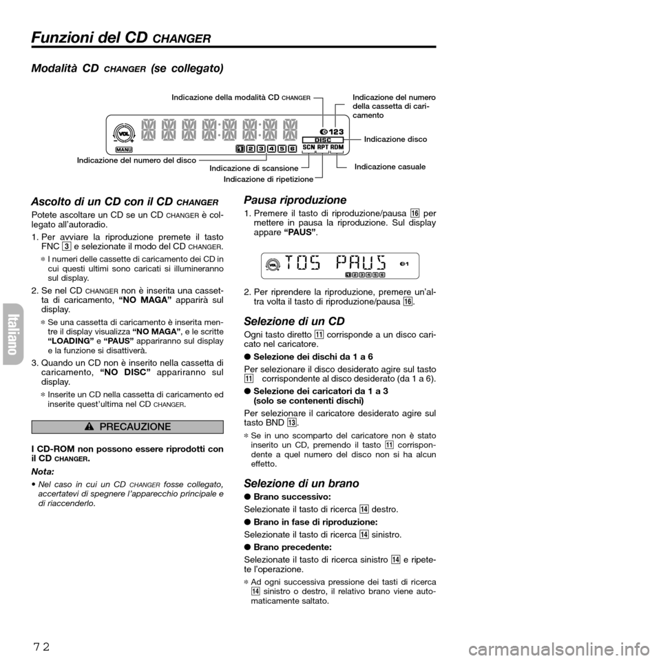 FIAT SEICENTO 2001 1.G Clarion PU2312 Manual Modalità CD CHANGER(se collegato)
Ascolto di un CD con il CD
CHANGER
Potete ascoltare un CD se un CD CHANGERè col-
legato all’autoradio.
1. Per avviare la riproduzione premete il tasto
FNC 3e sel FIAT SEICENTO 2001 1.G Clarion PU2312 Manual Modalità CD CHANGER(se collegato)
Ascolto di un CD con il CD
CHANGER
Potete ascoltare un CD se un CD CHANGERè col-
legato all’autoradio.
1. Per avviare la riproduzione premete il tasto
FNC 3e sel