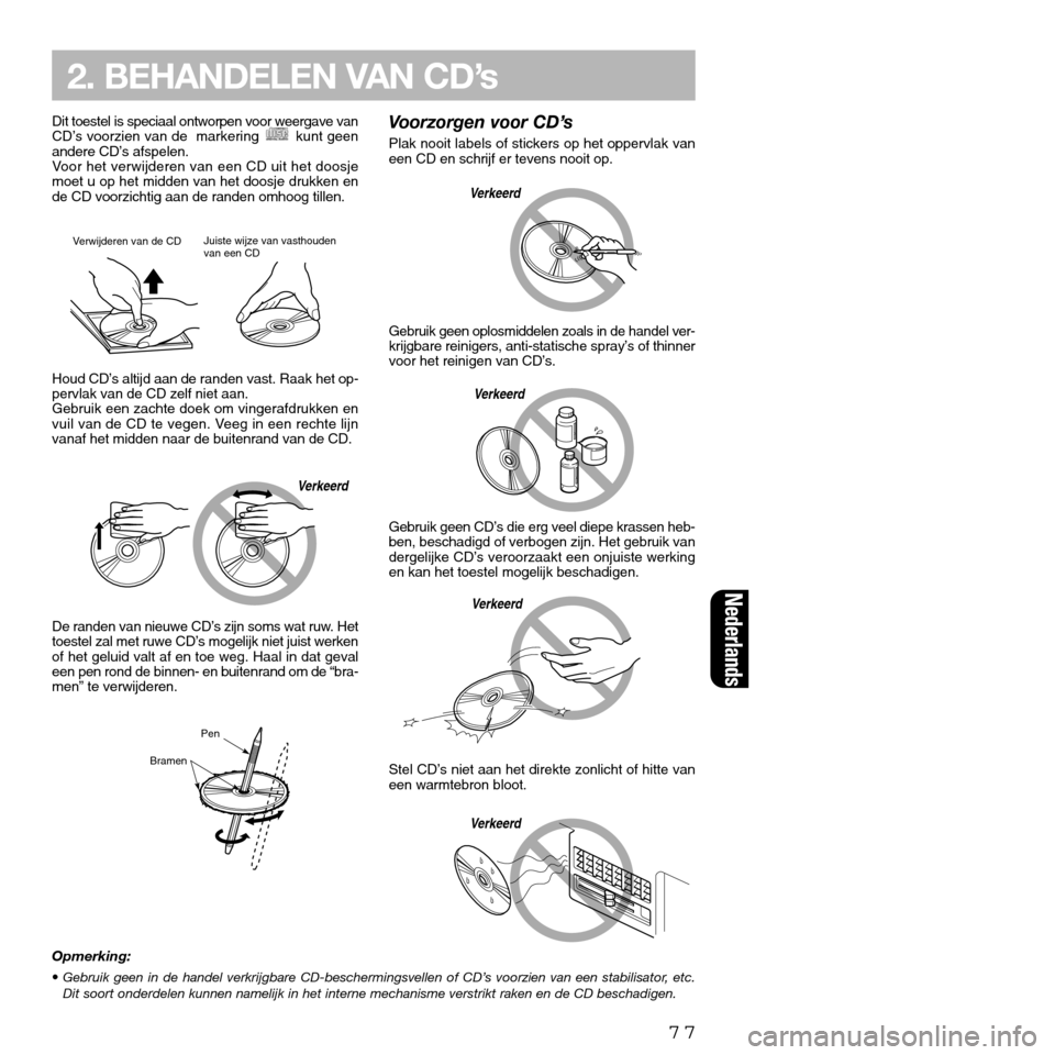 FIAT SEICENTO 2001 1.G Clarion PU2312 Manual 77
Dit toestel is speciaal ontworpen voor weergave van
CD’s voorzien van de markering kunt geen
andere CD’s afspelen.
Voor het verwijderen van een CD uit het doosje
moet u op het midden van het FIAT SEICENTO 2001 1.G Clarion PU2312 Manual 77
Dit toestel is speciaal ontworpen voor weergave van
CD’s voorzien van de markering kunt geen
andere CD’s afspelen.
Voor het verwijderen van een CD uit het doosje
moet u op het midden van het