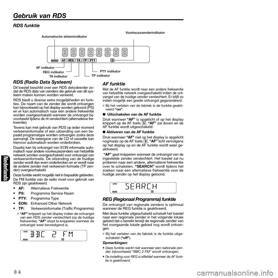 FIAT SEICENTO 2001 1.G Clarion PU2312 Manual Nederlands
RDS funktie
RDS (Radio Data Systeem)
Dit toestel beschikt over een RDS dekodeerder zo-
dat de RDS data van zenders die gebruik van dit sys-
teem maken kunnen worden verwerkt.
RDS biedt u di FIAT SEICENTO 2001 1.G Clarion PU2312 Manual Nederlands
RDS funktie
RDS (Radio Data Systeem)
Dit toestel beschikt over een RDS dekodeerder zo-
dat de RDS data van zenders die gebruik van dit sys-
teem maken kunnen worden verwerkt.
RDS biedt u di