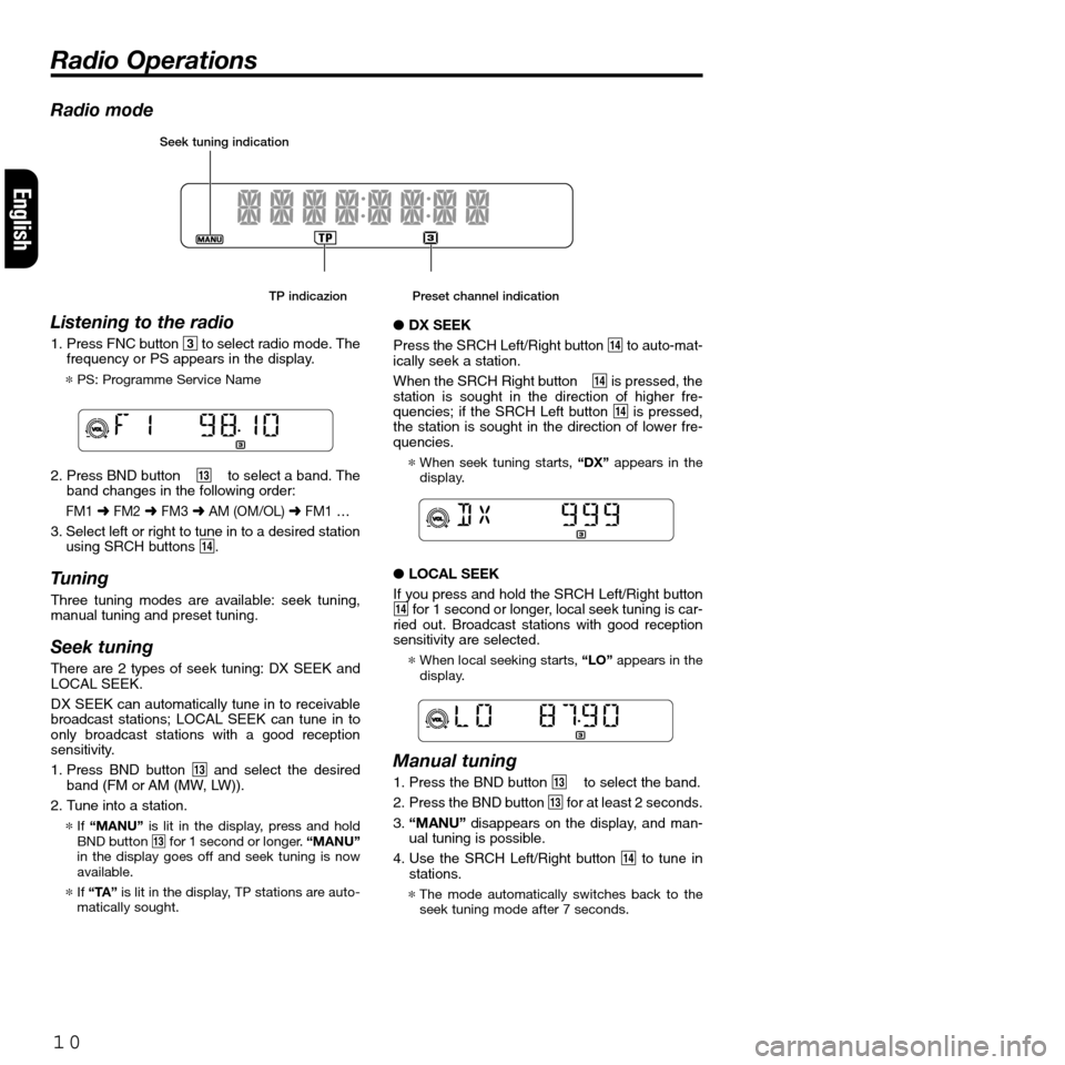 FIAT SEICENTO 2001 1.G Clarion PU2312 Manual 10
English
TP indicazion Preset channel indication
Radio mode
Listening to the radio
1. Press FNC button 3to select radio mode. The
frequency or PS appears in the display.
*PS: Programme Service Name
FIAT SEICENTO 2001 1.G Clarion PU2312 Manual 10
English
TP indicazion Preset channel indication
Radio mode
Listening to the radio
1. Press FNC button 3to select radio mode. The
frequency or PS appears in the display.
*PS: Programme Service Name