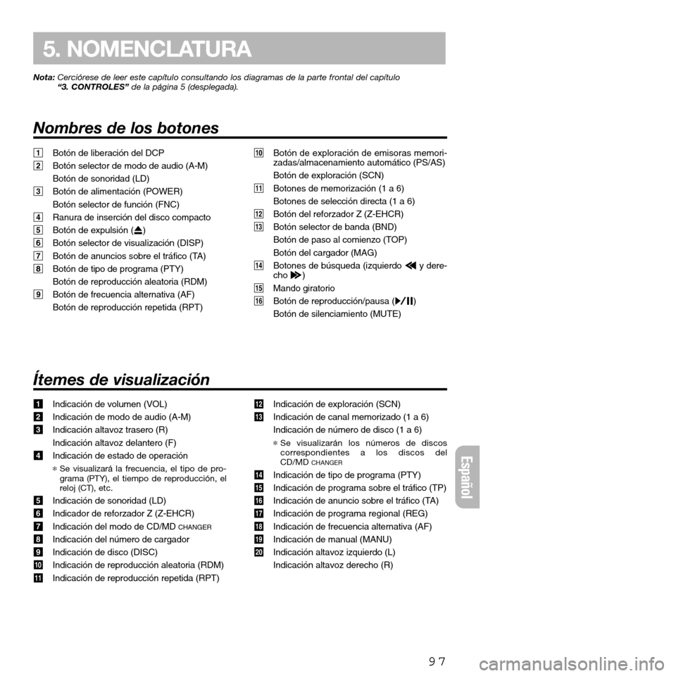 FIAT SEICENTO 2001 1.G Clarion PU2312 Manual Nota:Cerciórese de leer este capítulo consultando los diagramas de la parte frontal del capítulo
“3. CONTROLES”de la página 5 (desplegada).
Nombres de los botones
97
5. NOMENCLATURA
1Botón d FIAT SEICENTO 2001 1.G Clarion PU2312 Manual Nota:Cerciórese de leer este capítulo consultando los diagramas de la parte frontal del capítulo
“3. CONTROLES”de la página 5 (desplegada).
Nombres de los botones
97
5. NOMENCLATURA
1Botón d