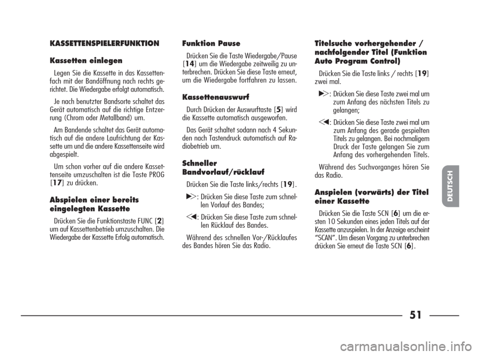 FIAT SEICENTO 2007 1.G Clarion PU1573 Manual 51
DEUTSCH
KASSETTENSPIELERFUNKTION
Kassetten einlegen
Legen Sie die Kassette in das Kassetten-
fach mit der Bandöffnung nach rechts ge-
richtet. Die Wiedergabe erfolgt automatisch.
Je nach benutzter