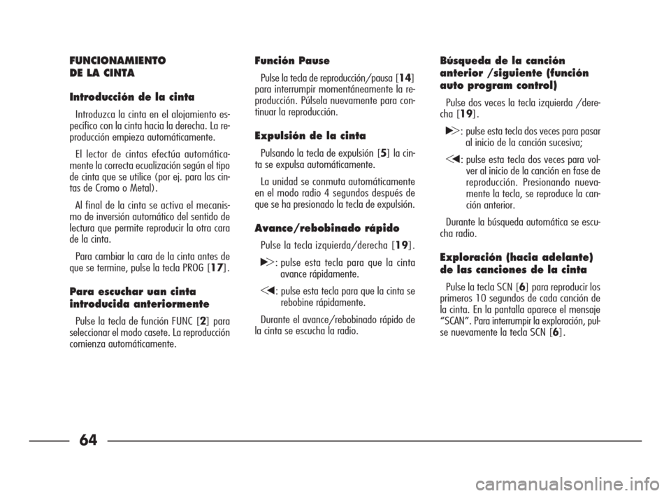 FIAT SEICENTO 2007 1.G Clarion PU1573 Manual 64
FUNCIONAMIENTO
DE LA CINTA
Introducción de la cinta
Introduzca la cinta en el alojamiento es-
pecífico con la cinta hacia la derecha. La re-
producción empieza automáticamente. 
El lector de ci