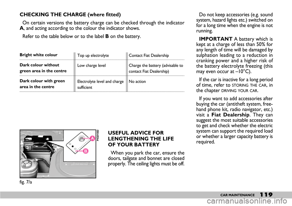 FIAT SEICENTO 2007 1.G Owners Manual 119CAR MAINTENANCE
Do not keep accessories (e.g. sound
system, hazard lights etc.) switched on
for a long time when the engine is not
running.
IMPORTANTA battery which is
kept at a charge of less than FIAT SEICENTO 2007 1.G Owners Manual 119CAR MAINTENANCE
Do not keep accessories (e.g. sound
system, hazard lights etc.) switched on
for a long time when the engine is not
running.
IMPORTANTA battery which is
kept at a charge of less than