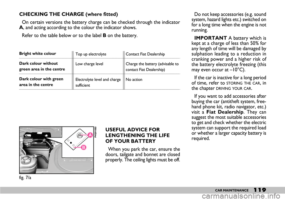 FIAT SEICENTO 2007 1.G Owners Manual 119CAR MAINTENANCE
Do not keep accessories (e.g. sound
system, hazard lights etc.) switched on
for a long time when the engine is not
running.
IMPORTANTA battery which is
kept at a charge of less than