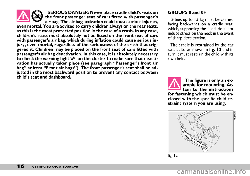 FIAT SEICENTO 2007 1.G Owners Manual 16GETTING TO KNOW YOUR CAR
fig. 12
P4Q01077
The figure is only an ex-
ample for mounting. At-
tain to the instructions
for fastening which must be en-
closed with the specific child re-
straint system