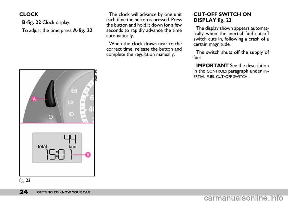 FIAT SEICENTO 2007 1.G Owners Manual 24GETTING TO KNOW YOUR CAR
CLOCK
B-fig. 22 Clock display. 
To adjust the time press A-fig. 22. 
P4Q01056
fig. 22
CUT-OFF SWITCH ON
DISPLAY fig. 23
The display shown appears automat-
ically when the in