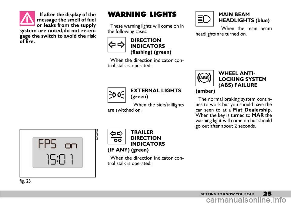 FIAT SEICENTO 2007 1.G Owners Manual 25GETTING TO KNOW YOUR CAR
If after the display of the
message the smell of fuel
or leaks from the supply
system are noted,do not re-en-
gage the switch to avoid the risk
of fire.
fig. 23
P4Q01058
WAR FIAT SEICENTO 2007 1.G Owners Manual 25GETTING TO KNOW YOUR CAR
If after the display of the
message the smell of fuel
or leaks from the supply
system are noted,do not re-en-
gage the switch to avoid the risk
of fire.
fig. 23
P4Q01058
WAR