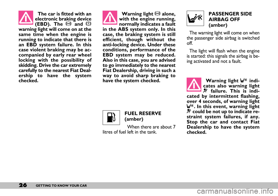 FIAT SEICENTO 2007 1.G Owners Manual 26GETTING TO KNOW YOUR CAR
The car is fitted with an
electronic braking device
(EBD). The >and x
warning light will come on at the
same time when the engine is
running to indicate that there is
an EBD