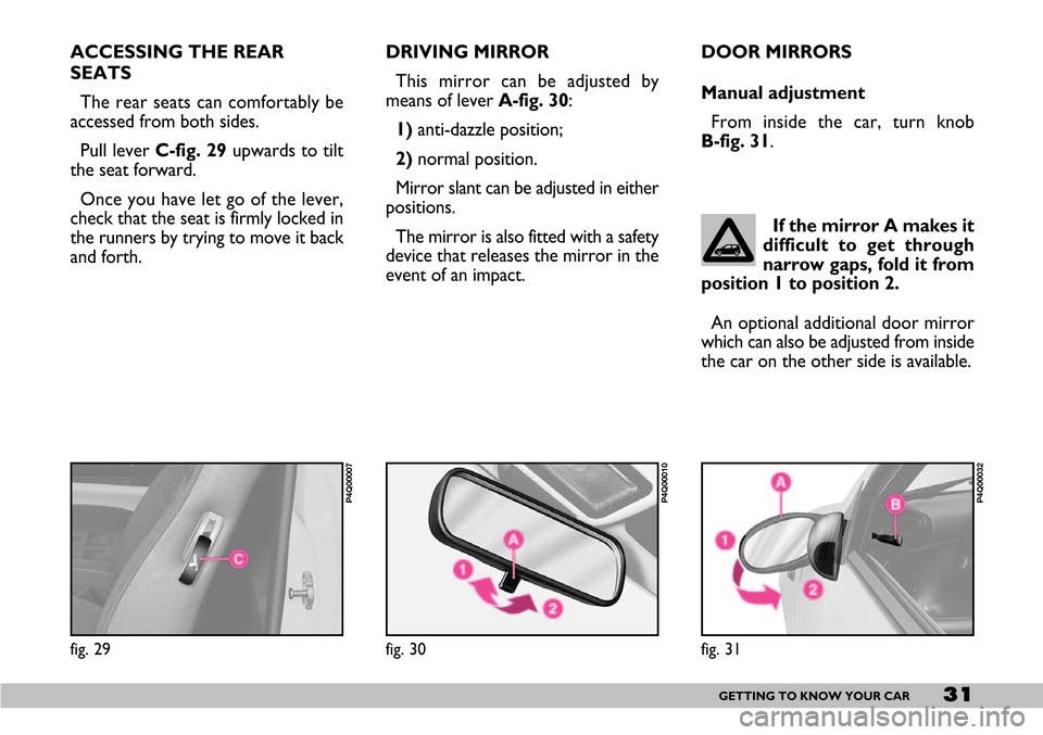 FIAT SEICENTO 2007 1.G Owners Guide 31GETTING TO KNOW YOUR CAR
DRIVING MIRROR
This mirror can be adjusted by
means of lever A-fig. 30:
1)anti-dazzle position;
2)normal position.
Mirror slant can be adjusted in either
positions.
The mirr FIAT SEICENTO 2007 1.G Owners Guide 31GETTING TO KNOW YOUR CAR
DRIVING MIRROR
This mirror can be adjusted by
means of lever A-fig. 30:
1)anti-dazzle position;
2)normal position.
Mirror slant can be adjusted in either
positions.
The mirr