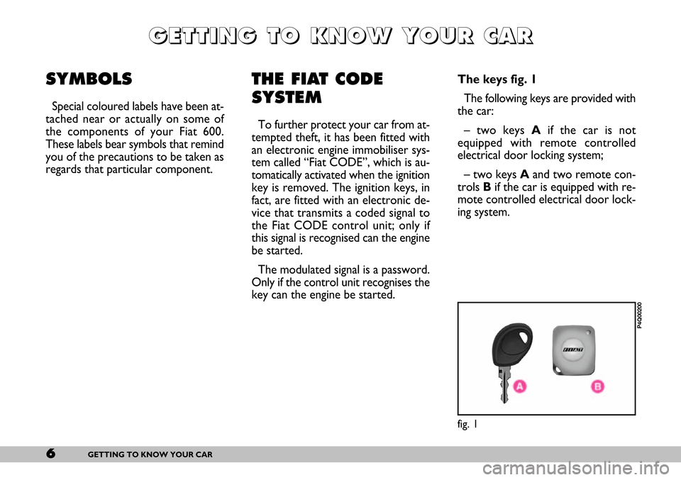 FIAT SEICENTO 2007 1.G Owners Manual 6GETTING TO KNOW YOUR CAR
SYMBOLS
Special coloured labels have been at-
tached near or actually on some of
the components of your Fiat 600.
These labels bear symbols that remind
you of the precautions