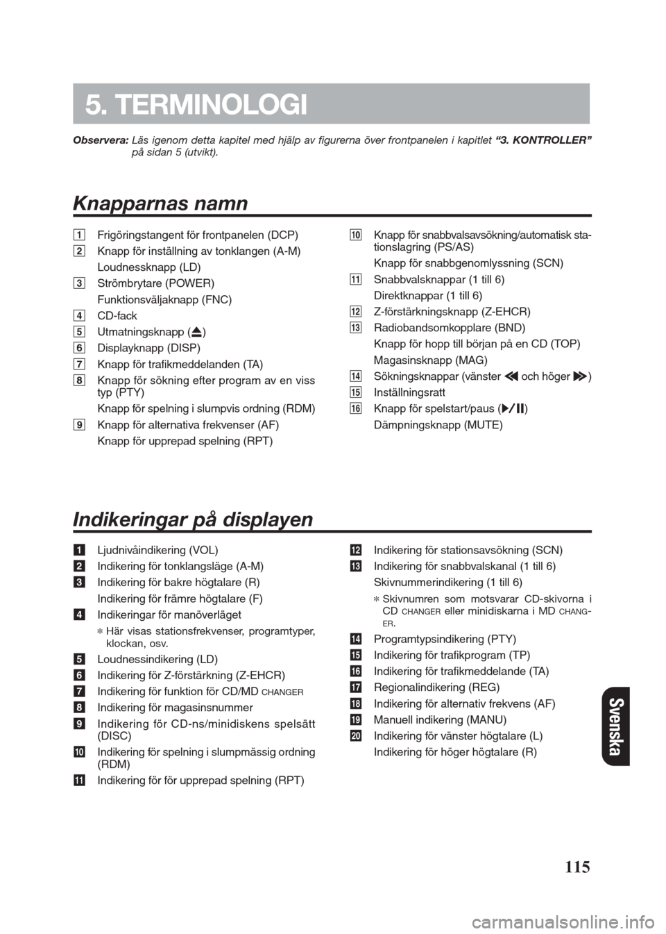 FIAT SEICENTO 2008 1.G Clarion PU2312 Manual Observera:Läs igenom detta kapitel med hjälp av figurerna över frontpanelen i kapitlet “3. KONTROLLER”
på sidan 5 (utvikt).
Knapparnas namn 
115
5. TERMINOLOGI
1Frigöringstangent för frontpa