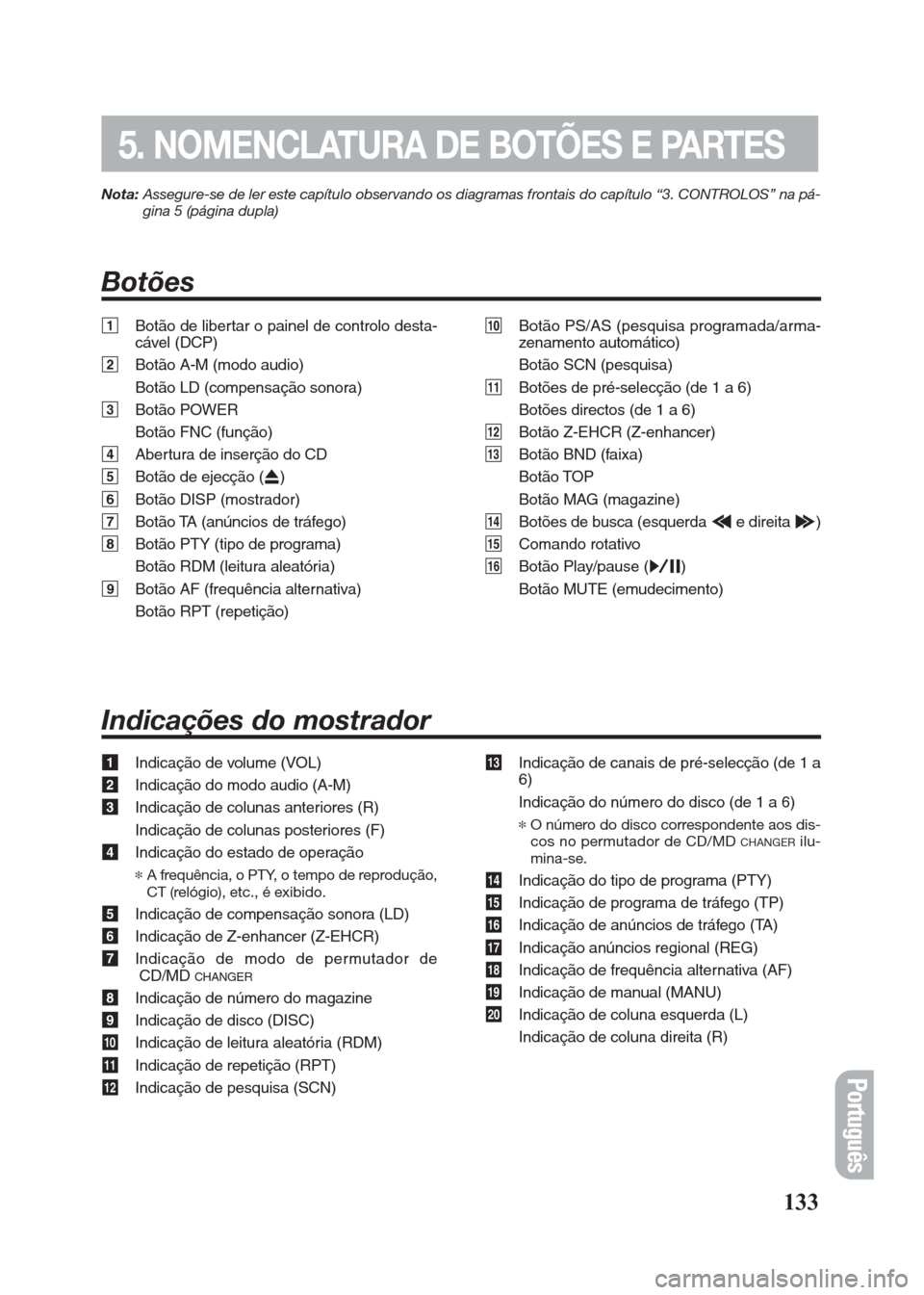 FIAT SEICENTO 2008 1.G Clarion PU2312 Manual Nota:Assegure-se de ler este capítulo observando os diagramas frontais do capítulo “3. CONTROLOS” na pá-
gina 5 (página dupla)
Botões
133
5. NOMENCLATURA DE BOTÕES E PARTES
Português
1Botã FIAT SEICENTO 2008 1.G Clarion PU2312 Manual Nota:Assegure-se de ler este capítulo observando os diagramas frontais do capítulo “3. CONTROLOS” na pá-
gina 5 (página dupla)
Botões
133
5. NOMENCLATURA DE BOTÕES E PARTES
Português
1Botã