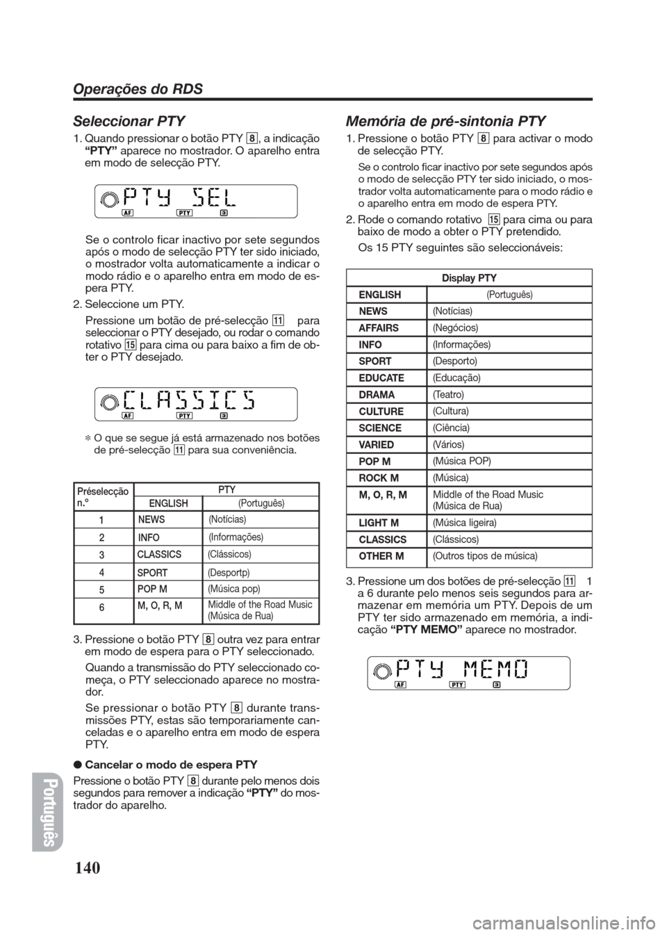 FIAT SEICENTO 2008 1.G Clarion PU2312 Manual Seleccionar PTY
1. Quando pressionar o botão PTY 8, a indicação
“PTY”aparece no mostrador. O aparelho entra
em modo de selecção PTY.
Se o controlo ficar inactivo por sete segundos
após o mod