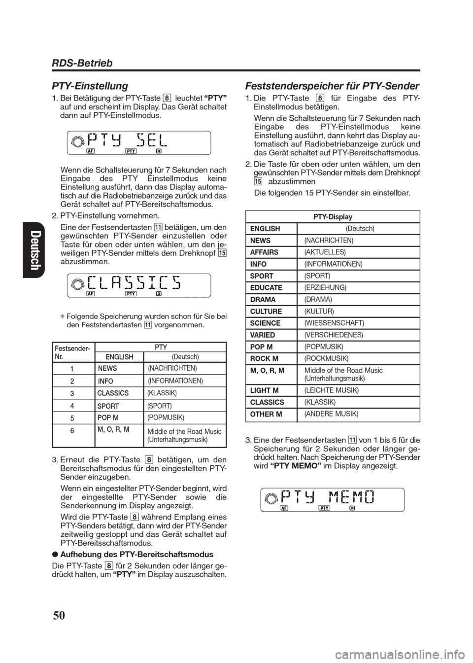 FIAT SEICENTO 2008 1.G Clarion PU2312 Manual Deutsch
50
PTY-Einstellung
1. Bei Betätigung der PTY-Taste 8leuchtet“PTY”
auf und erscheint im Display. Das Gerät schaltet
dann auf PTY-Einstellmodus.
Wenn die Schaltsteuerung für 7 Sekunden na FIAT SEICENTO 2008 1.G Clarion PU2312 Manual Deutsch
50
PTY-Einstellung
1. Bei Betätigung der PTY-Taste 8leuchtet“PTY”
auf und erscheint im Display. Das Gerät schaltet
dann auf PTY-Einstellmodus.
Wenn die Schaltsteuerung für 7 Sekunden na