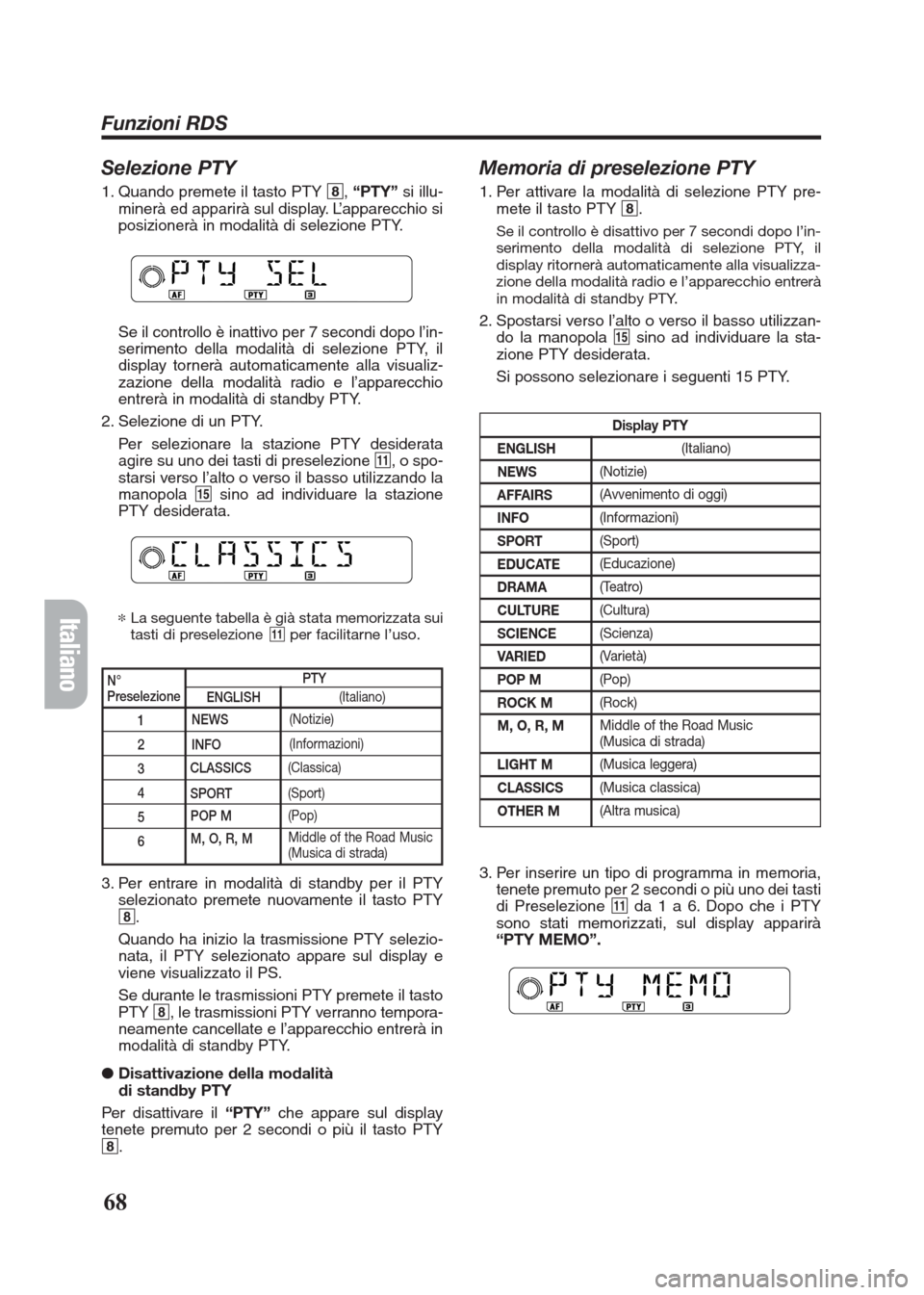 FIAT SEICENTO 2008 1.G Clarion PU2312 Manual Selezione PTY
1. Quando premete il tasto PTY 8,“PTY”si illu-
minerà ed apparirà sul display. L’apparecchio si
posizionerà in modalità di selezione PTY.
Se il controllo è inattivo per 7 seco