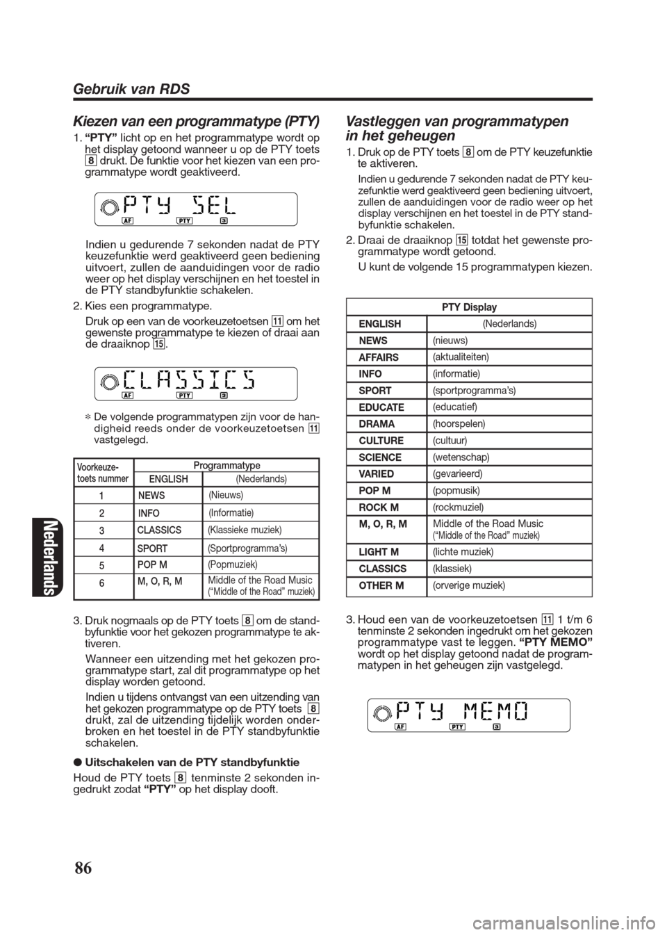 FIAT SEICENTO 2008 1.G Clarion PU2312 Manual Kiezen van een programmatype (PTY)
1.“PTY”licht op en het programmatype wordt op
het display getoond wanneer u op de PTY toets
8drukt. De funktie voor het kiezen van een pro-
grammatype wordt geak