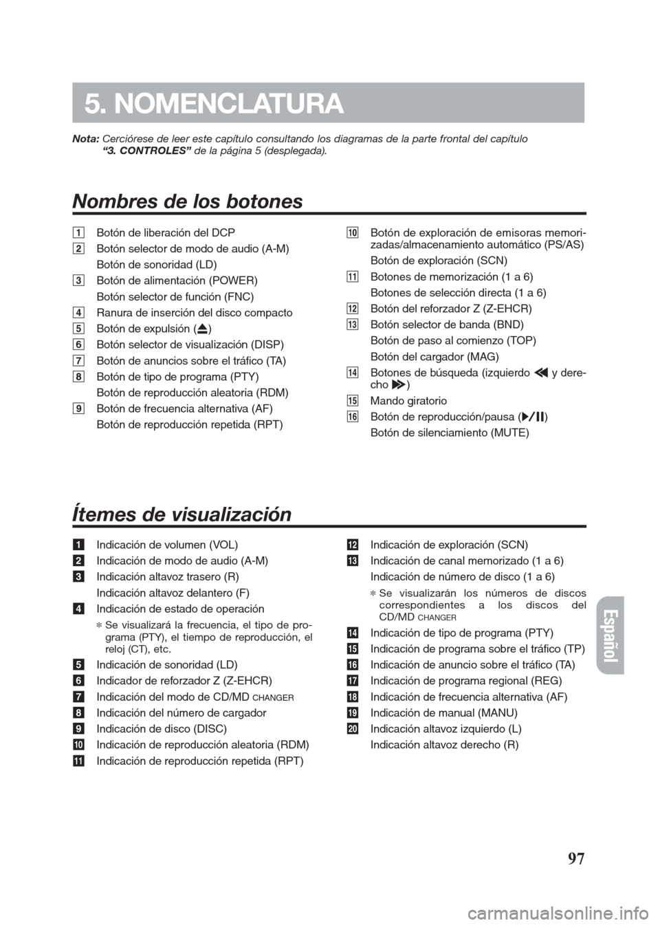 FIAT SEICENTO 2008 1.G Clarion PU2312 Manual Nota:Cerciórese de leer este capítulo consultando los diagramas de la parte frontal del capítulo
“3. CONTROLES”de la página 5 (desplegada).
Nombres de los botones
97
5. NOMENCLATURA
1Botón d FIAT SEICENTO 2008 1.G Clarion PU2312 Manual Nota:Cerciórese de leer este capítulo consultando los diagramas de la parte frontal del capítulo
“3. CONTROLES”de la página 5 (desplegada).
Nombres de los botones
97
5. NOMENCLATURA
1Botón d