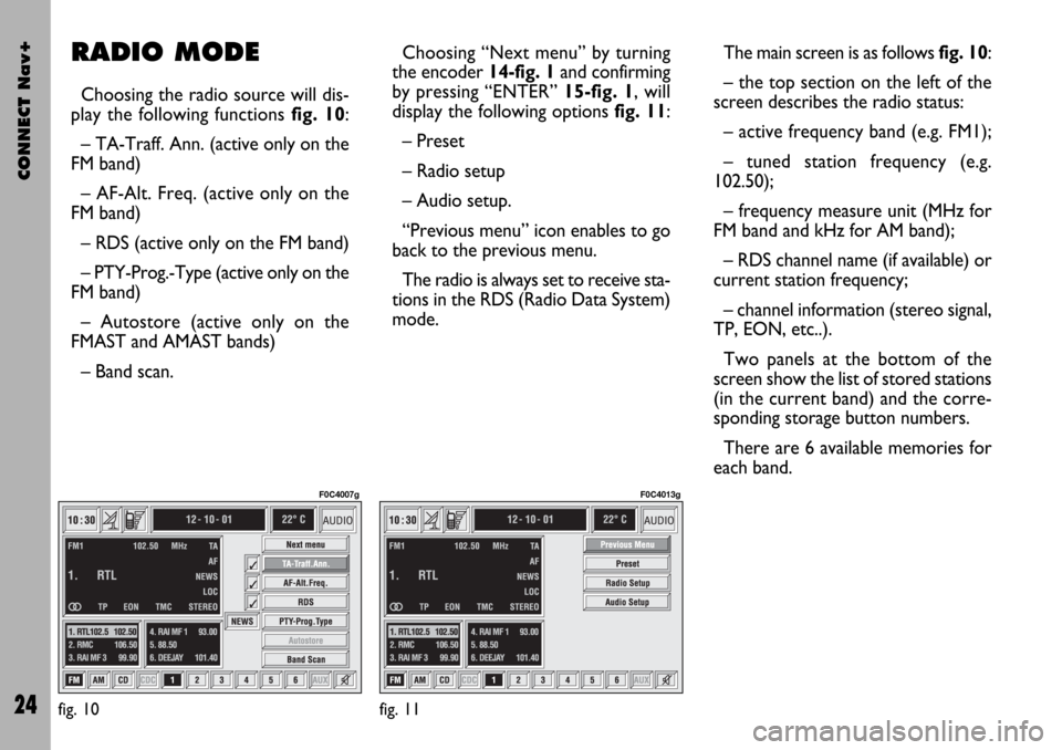 FIAT STILO 2004 1.G Connect NavPlus Manual CONNECT Nav+
24
The main screen is as follows fig. 10:
– the top section on the left of the
screen describes the radio status:
– active frequency band (e.g. FM1);
– tuned station frequency (e.g. FIAT STILO 2004 1.G Connect NavPlus Manual CONNECT Nav+
24
The main screen is as follows fig. 10:
– the top section on the left of the
screen describes the radio status:
– active frequency band (e.g. FM1);
– tuned station frequency (e.g.