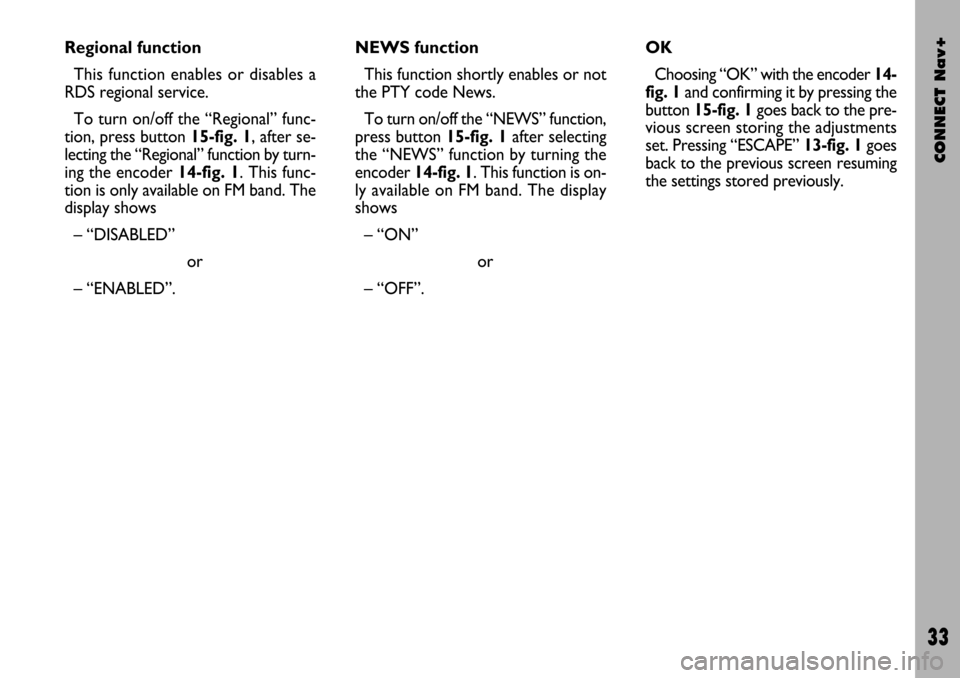 FIAT STILO 2004 1.G Connect NavPlus Manual CONNECT Nav+
33
Regional function
This function enables or disables a
RDS regional service.
To turn on/off the “Regional” func-
tion, press button 15-fig. 1, after se-
lecting the “Regional” f