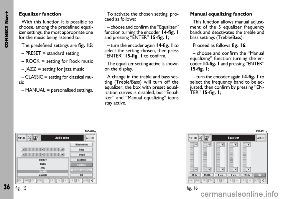 FIAT STILO 2004 1.G Connect NavPlus Manual CONNECT Nav+
36
Equalizer function
With this function it is possible to
choose, among the predefined equal-
izer settings, the most appropriate one
for the music being listened to.
The predefined sett