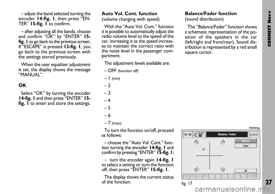 FIAT STILO 2004 1.G Connect NavPlus Manual CONNECT Nav+
37
– adjust the band selected turning the
encoder 14-fig. 1, then press “EN-
TER” 15-fig. 1to confirm;
– after adjusting all the bands, choose
and confirm “OK” by “ENTER” FIAT STILO 2004 1.G Connect NavPlus Manual CONNECT Nav+
37
– adjust the band selected turning the
encoder 14-fig. 1, then press “EN-
TER” 15-fig. 1to confirm;
– after adjusting all the bands, choose
and confirm “OK” by “ENTER”