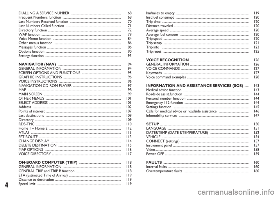 FIAT STILO 2004 1.G Connect NavPlus Manual 4
DIALLING A SERVICE NUMBER  .............................................................. 68
Frequent Numbers function  ........................................................................ 68
La