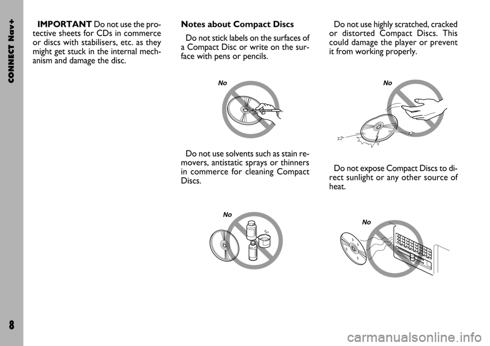 FIAT STILO 2004 1.G Connect NavPlus Manual CONNECT Nav+
8
Do not expose Compact Discs to di-
rect sunlight or any other source of
heat.
No
Do not use solvents such as stain re-
movers, antistatic sprays or thinners
in commerce for cleaning Com