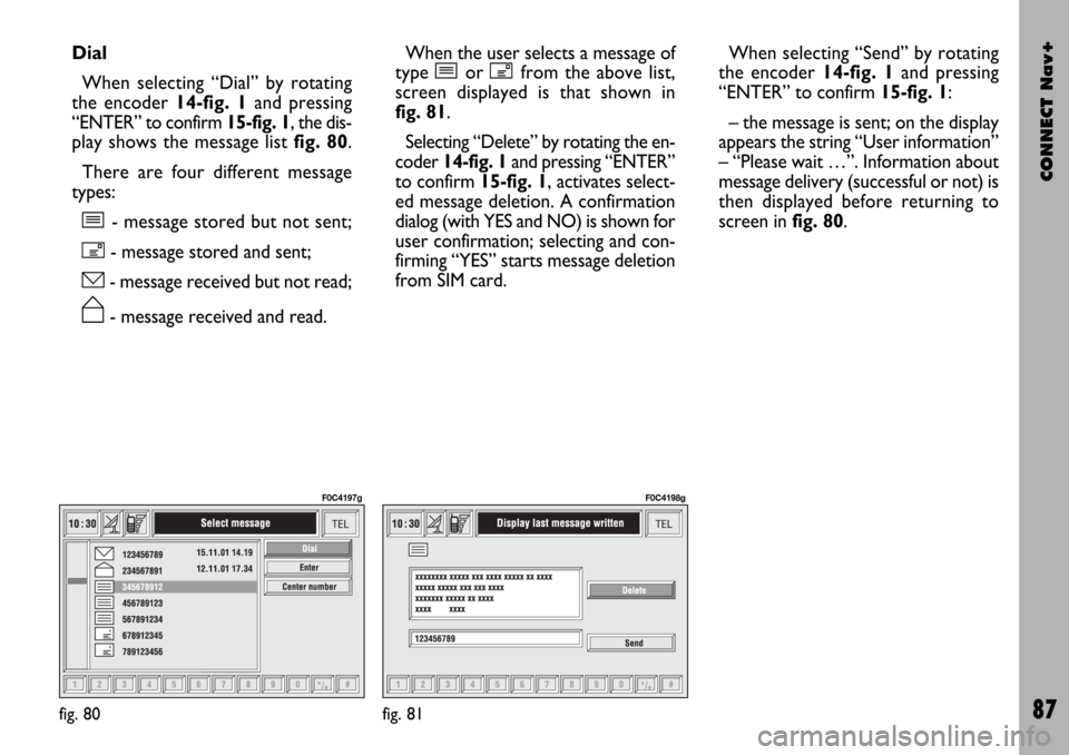 FIAT STILO 2004 1.G Connect NavPlus Manual CONNECT Nav+
87
Dial
When selecting “Dial” by rotating
the encoder 14-fig. 1and pressing
“ENTER” to confirm 15-fig. 1, the dis-
play shows the message list fig. 80.
There are four different me FIAT STILO 2004 1.G Connect NavPlus Manual CONNECT Nav+
87
Dial
When selecting “Dial” by rotating
the encoder 14-fig. 1and pressing
“ENTER” to confirm 15-fig. 1, the dis-
play shows the message list fig. 80.
There are four different me