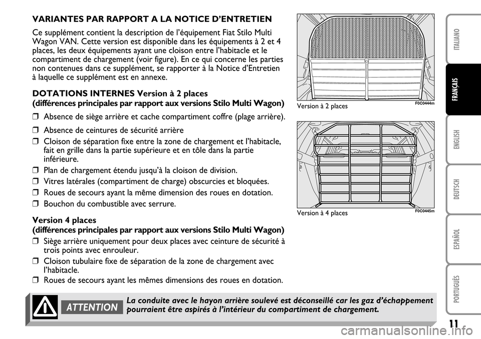 FIAT STILO 2004 1.G MW And Van Supplement Manual 11
ENGLISH DEUTSCH ESPAÑOL PORTUGUÊS ITALIANOFRANÇAIS
F0C0444m
VARIANTES PAR RAPPORT A LA NOTICE D’ENTRETIEN
Ce supplément contient la description de l’équipement Fiat Stilo Multi
Wagon VAN. FIAT STILO 2004 1.G MW And Van Supplement Manual 11
ENGLISH DEUTSCH ESPAÑOL PORTUGUÊS ITALIANOFRANÇAIS
F0C0444m
VARIANTES PAR RAPPORT A LA NOTICE D’ENTRETIEN
Ce supplément contient la description de l’équipement Fiat Stilo Multi
Wagon VAN.