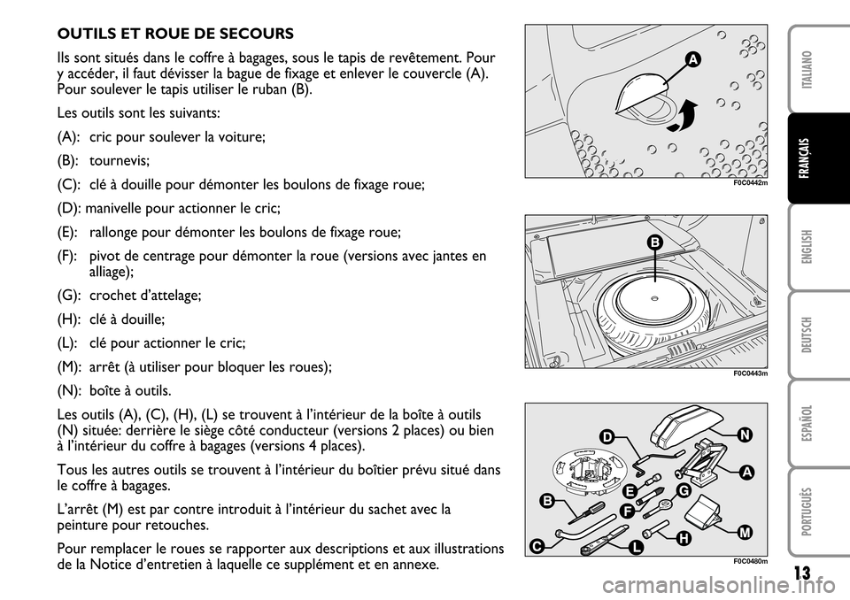 FIAT STILO 2004 1.G MW And Van Supplement Manual 13
ENGLISH DEUTSCH ESPAÑOL PORTUGUÊS ITALIANOFRANÇAIS
F0C0442mF0C0443m
OUTILS ET ROUE DE SECOURS
Ils sont situés dans le coffre à bagages, sous le tapis de revêtement. Pour
y accéder, il faut d FIAT STILO 2004 1.G MW And Van Supplement Manual 13
ENGLISH DEUTSCH ESPAÑOL PORTUGUÊS ITALIANOFRANÇAIS
F0C0442mF0C0443m
OUTILS ET ROUE DE SECOURS
Ils sont situés dans le coffre à bagages, sous le tapis de revêtement. Pour
y accéder, il faut d