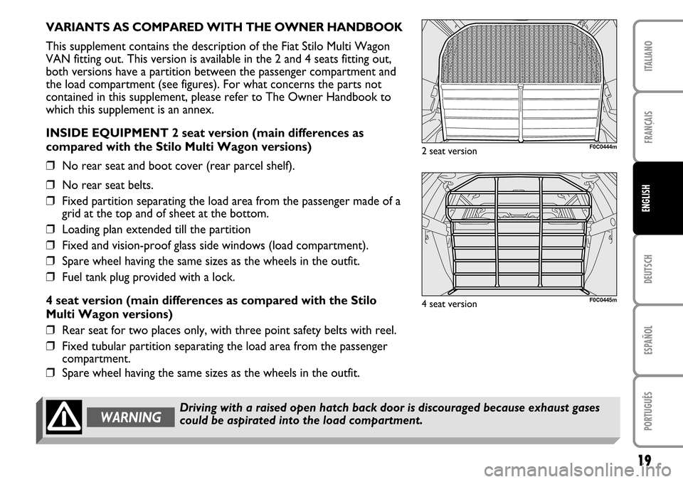 FIAT STILO 2004 1.G MW And Van Supplement Manual 19
FRANÇAIS DEUTSCH ESPAÑOL PORTUGUÊS ITALIANOENGLISH
F0C0444m
VARIANTS AS COMPARED WITH THE OWNER HANDBOOK 
This supplement contains the description of the Fiat Stilo Multi Wagon
VAN fitting out. 