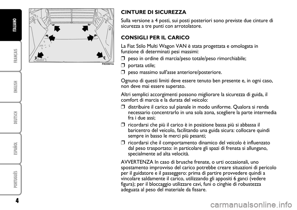 FIAT STILO 2004 1.G MW And Van Supplement Manual FRANÇAISENGLISHDEUTSCHESPAÑOLPORTUGUÊSITALIANO4
CINTURE DI SICUREZZA
Sulla versione a 4 posti, sui posti posteriori sono previste due cinture di
sicurezza a tre punti con arrotolatore.
CONSIGLI PER