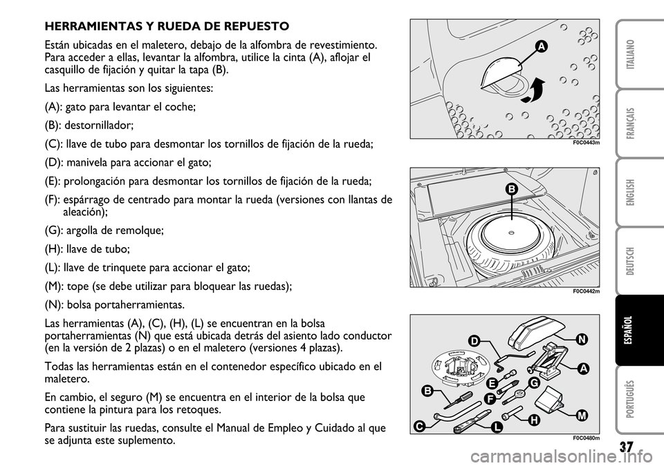 FIAT STILO 2004 1.G MW And Van Supplement Manual 37
FRANÇAIS ENGLISH DEUTSCH PORTUGUÊS ITALIANOESPAÑOL
HERRAMIENTAS Y RUEDA DE REPUESTO
Están ubicadas en el maletero, debajo de la alfombra de revestimiento.
Para acceder a ellas, levantar la alfo