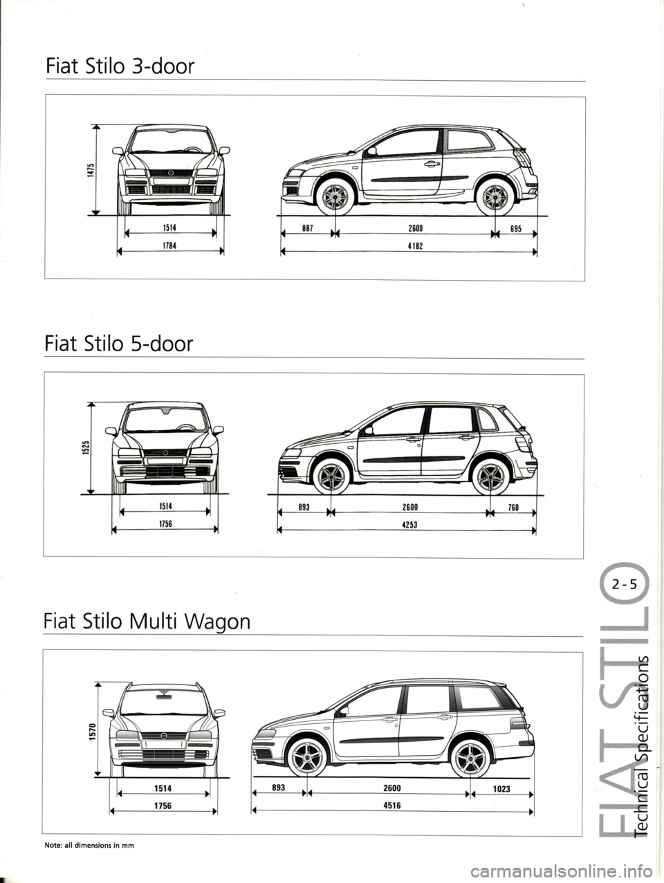 FIAT STILO 2004 1.G Technical Specifications Manual Fiat Stilo 3-door
Fiat Stilo s-door
onStiloMulti
Note: all dimensions in mm 