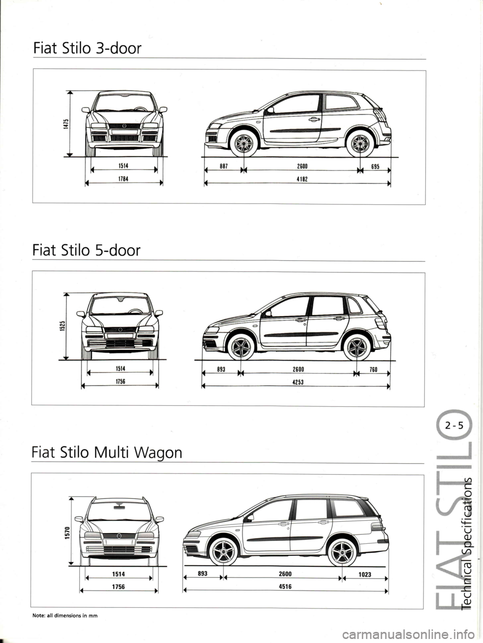 FIAT STILO 2004 1.G Technical Specifications Manual Fiat Stilo 3-door
Fiat Stilo s-door
onStiloMulti
Note: all dimensions in mm FIAT STILO 2004 1.G Technical Specifications Manual Fiat Stilo 3-door
Fiat Stilo s-door
onStiloMulti
Note: all dimensions in mm