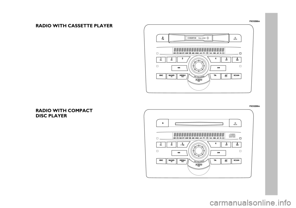 FIAT STILO 2005 1.G Radio Manual 1 Nero Testo 603.46.306 Radio Stilo gb
F0C0288m
F0C0289m
RADIO WITH CASSETTE PLAYER
RADIO WITH COMPACT
DISC PLAYER
603.46.306 Radio Stilo GB 7-04-2005 8:54 Pagina 1 FIAT STILO 2005 1.G Radio Manual 1 Nero Testo 603.46.306 Radio Stilo gb
F0C0288m
F0C0289m
RADIO WITH CASSETTE PLAYER
RADIO WITH COMPACT
DISC PLAYER
603.46.306 Radio Stilo GB 7-04-2005 8:54 Pagina 1