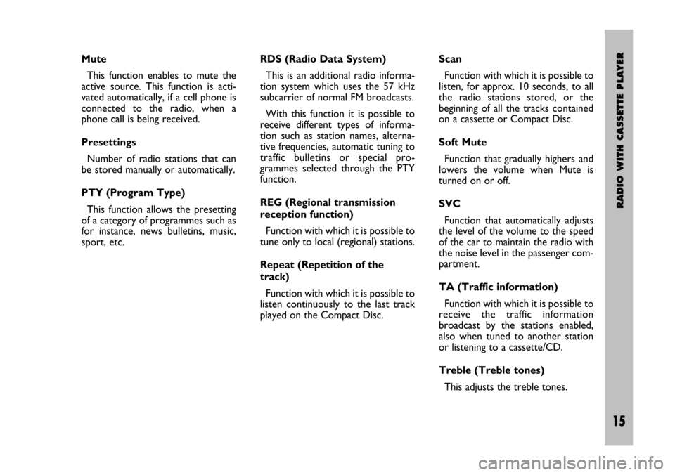 FIAT STILO 2005 1.G Radio Manual RADIO WITH CASSETTE PLAYER
15 Nero- Testo 603.46.306 Radio Stilo gb
15
Mute
This  function  enables  to  mute  the
active  source.  This  function  is  acti-
vated automatically, if a cell phone is
co