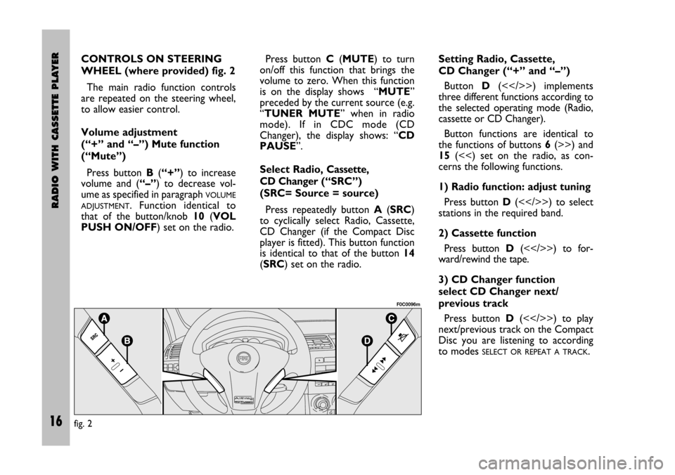 FIAT STILO 2005 1.G Radio Manual 16 Nero Testo 603.46.306 Radio Stilo gb
RADIO WITH CASSETTE PLAYER
16
CONTROLS ON STEERING
WHEEL (where provided) fig. 2
The main radio function controls
are repeated on the steering wheel,
t FIAT STILO 2005 1.G Radio Manual 16 Nero Testo 603.46.306 Radio Stilo gb
RADIO WITH CASSETTE PLAYER
16
CONTROLS ON STEERING
WHEEL (where provided) fig. 2
The main radio function controls
are repeated on the steering wheel,
t